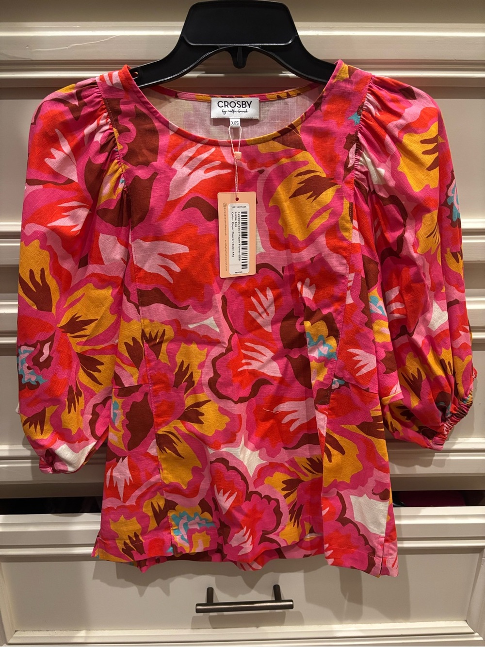CROSBY by Mollie Burch Pink Multi Floral Puff-Sleeve Blouse, NEW